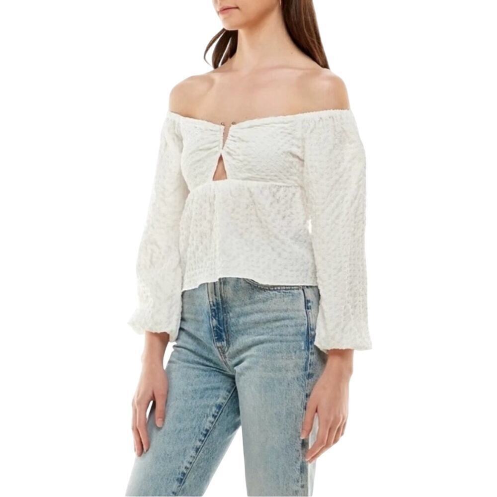 WAYF Ivory Off Shoulder Peasant Top XS NWT Keyhole Smocked Boho Blouse